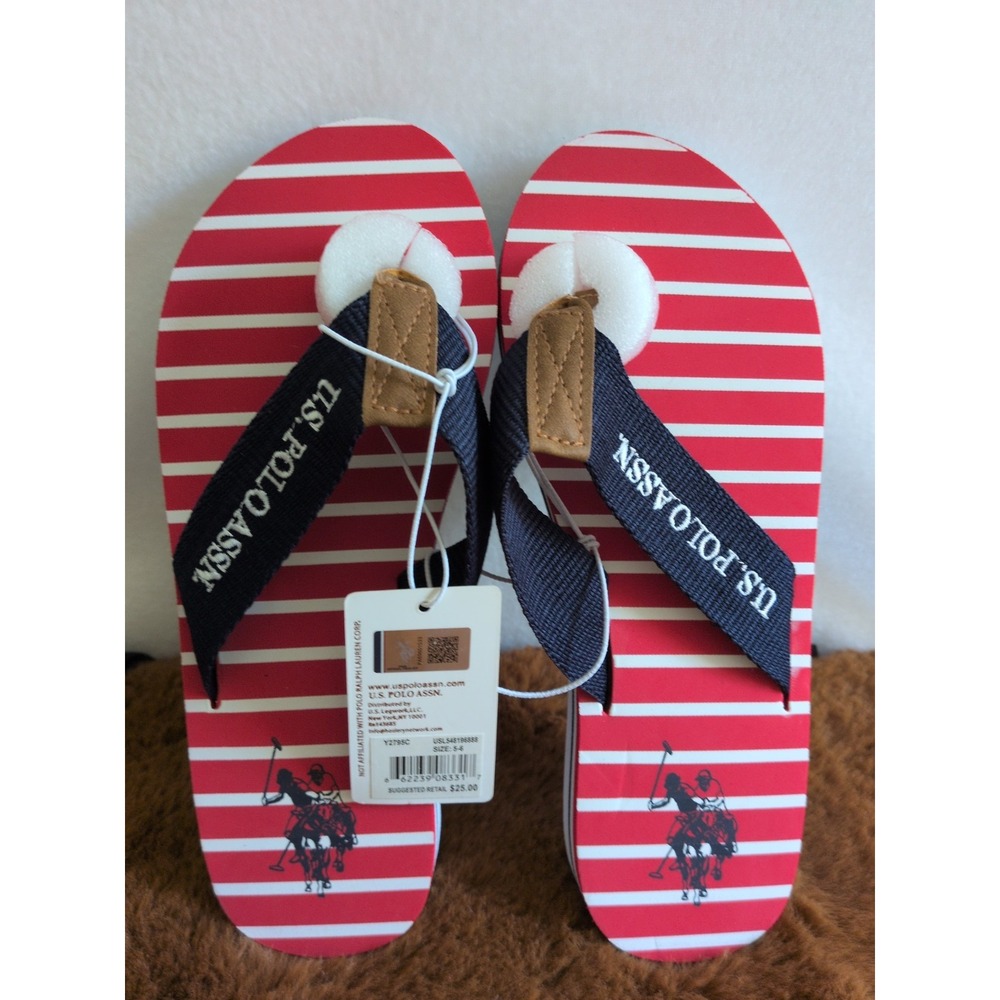 US Polo ASSN.Women Striped Flip Flops Red White Blue Nautical Sandals Sz 5-6 NWT